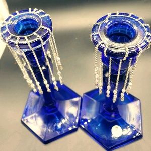 Vtg Fenton Cobalt Blue Colonial Candlestick Pair